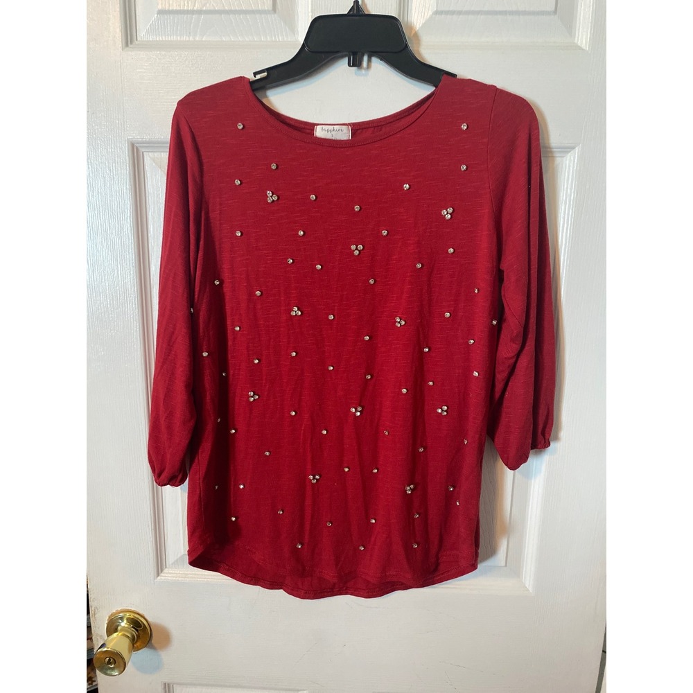 Sapphire Red Rhinestone Embellished Slub Knit Top‎ 3/4 Sleeve Womens Small